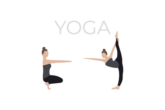 A young woman poses in a yoga pose. A version of the characters of yoga poses.