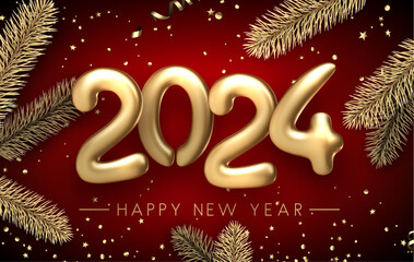 Composition with figure 2024 made of golden foil balloons with gold fir branches and confetti on red background.
