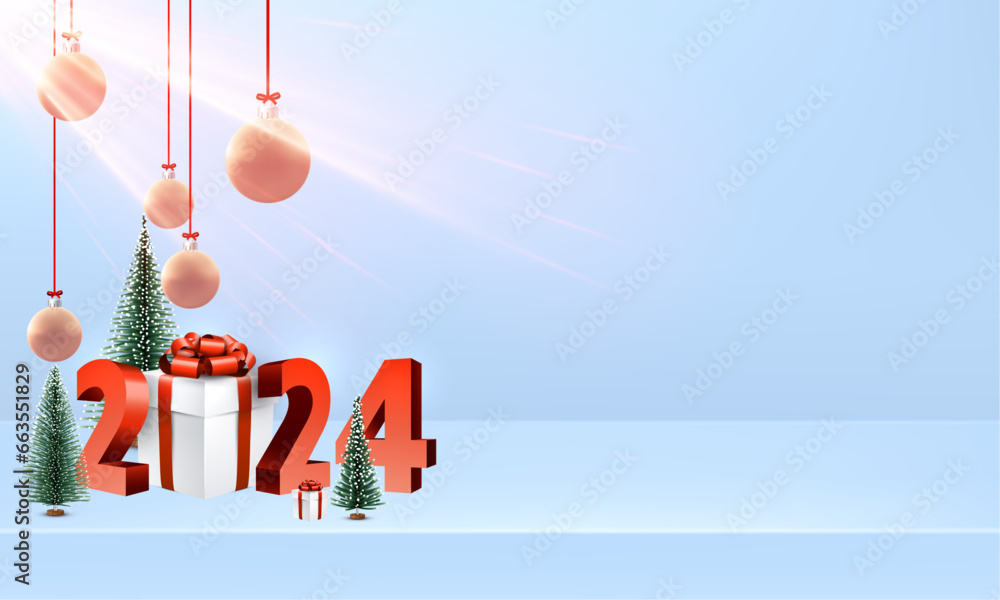Poster 2024 new year abstract background with 3d gift box and fir trees.