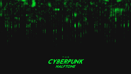 Fototapeta premium Abstract vector green cyberpunk halftone sound wave. Scrathed dotted texture element.