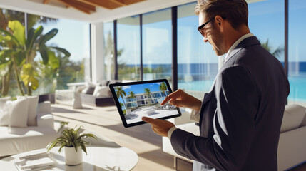 realtor leading a virtual tour of a beachfront property on a tablet generative ai