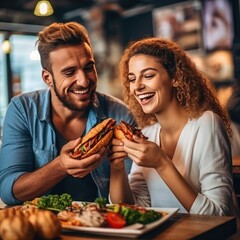 Man eating doner kebab with his girlfriend sitting in cafe, Generative AI