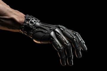 robotic hand in black dark color, closeup, metallic	