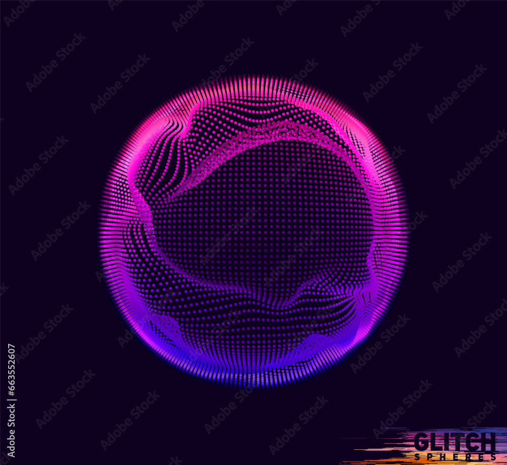 Poster corrupted violet point sphere. abstract vector colorful mesh on dark background. futuristic style ca