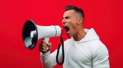 Young man shouting with megaphone in front of red background - obrazy, fototapety, plakaty