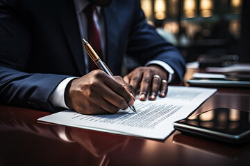 Confident African-American businessman in formal suit and tie signs business agreement or legal contract document at desk in office - obrazy, fototapety, plakaty