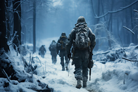 Dejected tired soldiers in full uniform with weapons and backpacks wander along the path in the winter forest
