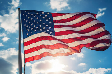Obraz premium USA flag flying on the blue sky