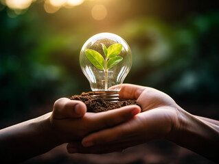 A green energy light bulb symbolizes renewable energy while a green Earth shines behind it.