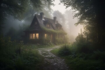 An eerie forest clearing with an enchanting cottage that looks almost real, enveloped in fog and illuminated by dim light. Generative AI - obrazy, fototapety, plakaty
