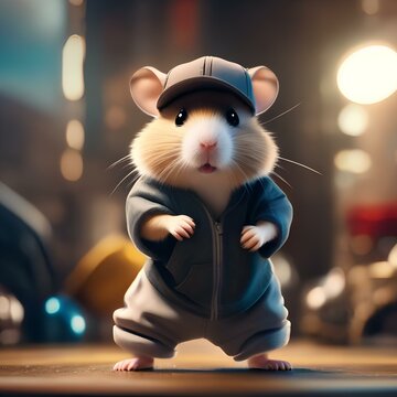 A hip-hop hamster wearing baggy pants, a cap, and breakdancing in style1