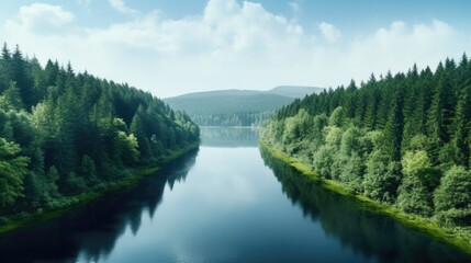 serene lake surrounded by dense forest generative ai