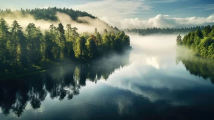Foto op Plexiglas serene lake surrounded by dense forest generative ai © ThisDesign