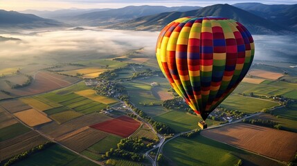 Fototapeta na wymiar hot air balloon floating above a colorful patchwork of vineyards and fields generative ai