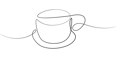 Cup in one continuous line of different thicknesses. Happy Coffee day. Design concept for greetings