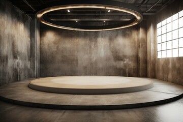 A spacious, contemporary room with a circular ceiling opening, elevated stage, and textured floor - industrial backdrop template. Generative AI