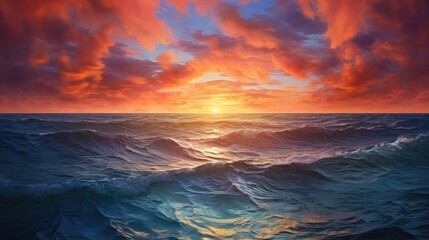Fototapeta na wymiar Spectacular sunset over a calm ocean horizon with vibrant colors from above. generative ai