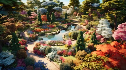 Naklejka na ściany i meble tranquil garden in full bloom, with colorful flowers and pathways seen from above generative ai