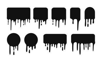 Set of icons for drip paints. Flowing liquid. Flow of paint. Melting circle logo. Leaking paint, stains. Ink current. Paint drip stickers, circle labels. Vector liquid drop icons for graffiti sticker