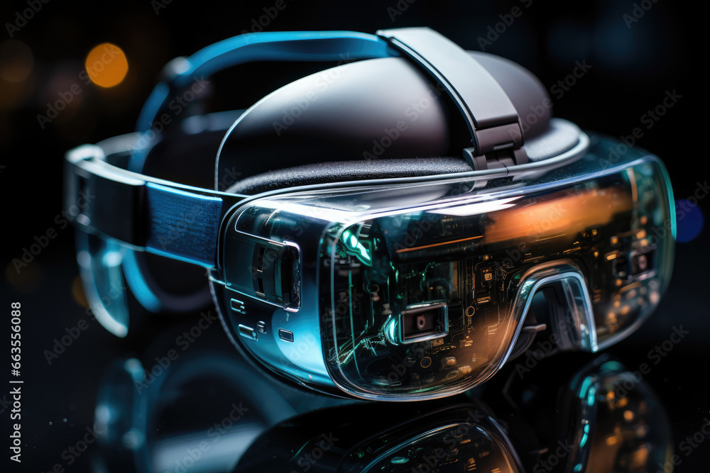 Poster a virtual reality headset transporting users to a simulated parallel universe, blurring the lines be