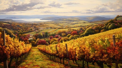 vineyard in autumn, with vibrant foliage and rows of grapevines seen from above generative ai - obrazy, fototapety, plakaty