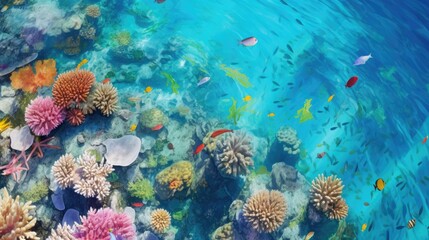 Naklejka na ściany i meble vibrant coral reef in clear blue waters, teeming with marine life, seen from above generative ai