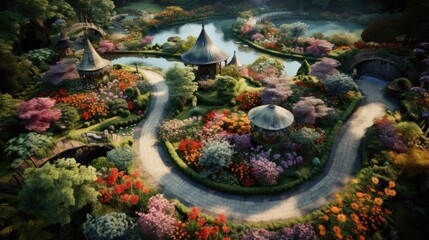 tranquil garden in full bloom, with colorful flowers and pathways seen from above generative ai