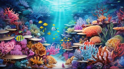 Fototapeta na wymiar vibrant coral reef in clear blue waters, teeming with marine life, seen from above generative ai