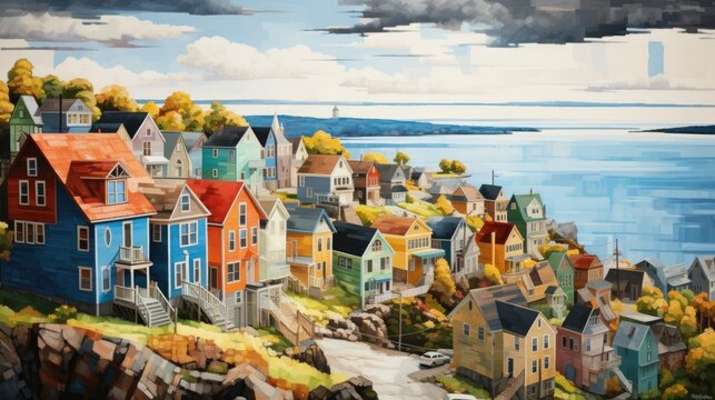 charming coastal town from an elevated perspective with colorful houses. generative ai