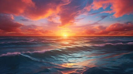 Obraz premium Spectacular sunset over a calm ocean horizon with vibrant colors from above. generative ai