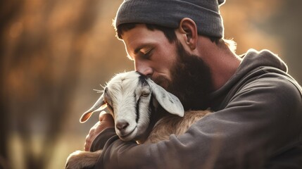 A farmer shares a warm embrace with their loyal goat, exemplifying the close relationships formed...