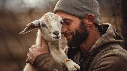 A farmer shares a warm embrace with their loyal goat, exemplifying the close relationships formed between humans and farm animals.