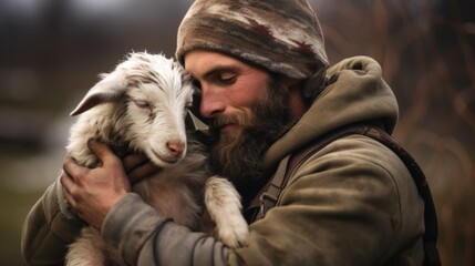 A farmer shares a warm embrace with their loyal goat, exemplifying the close relationships formed between humans and farm animals.