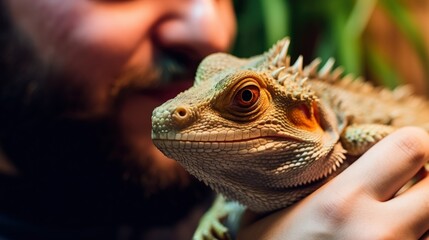 Fototapeta premium A reptile enthusiast interacts with their exotic pet, demonstrating the fascination and affection that can exist in the unique bond between humans and reptiles.