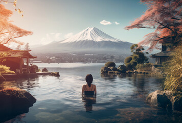young beautiful woman swimming in lake or river on winter Fuji mountain peak, female in water at nature