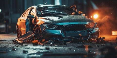 Crashed car with destroyed front end, car accident, Generative AI - obrazy, fototapety, plakaty