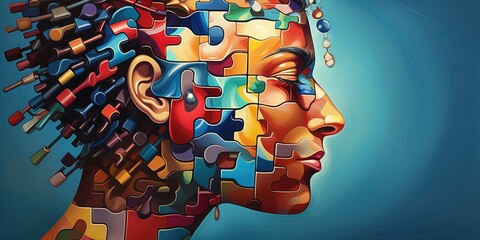 Colorful puzzle head on blue background, concept of plurality of ideas, Generative AI
