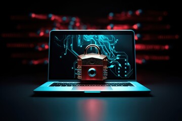 Laptop with padlock on screen on black and red background, cybersecurity concept, Generative AI