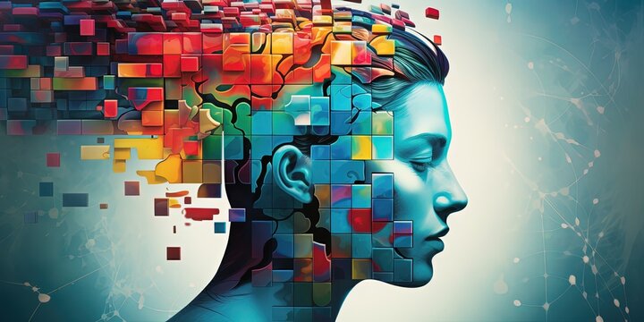 Colorful puzzle head on blue background, concept of plurality of ideas, Generative AI