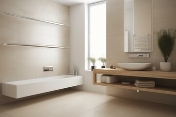 Modern style bathroom with minimalist design and ample copy space. Suitable for website images. Generative AI