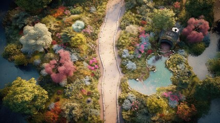 tranquil garden in full bloom, with colorful flowers and pathways seen from above generative ai