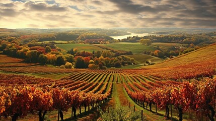 vineyard in autumn, with vibrant foliage and rows of grapevines seen from above generative ai - obrazy, fototapety, plakaty