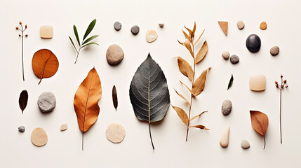 Flat lay of leaves and rocks on a white background