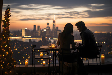 A couple enjoys an intimate dinner on a balcony overlooking the lit-up city, beside a glowing Christmas tree.