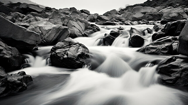 Long exposure of a stream running over rocks in black and white