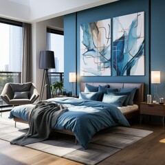 Stylish, contemporary bedroom with modern furniture and artwork, blue tones