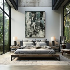 Stylish, contemporary bedroom with modern furniture and artwork