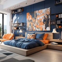Stylish, contemporary bedroom with modern furniture and artwork, blue and orange tones