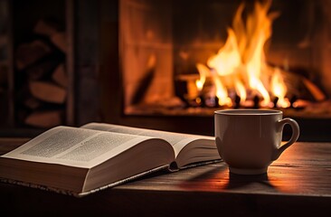 cup of tea or coffee and open book near fireplace at cozy home, hot drink at wnter - Powered by Adobe