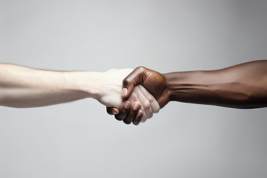 White hand and black hand greeting each other on white background, racial equality concept, Generative AI